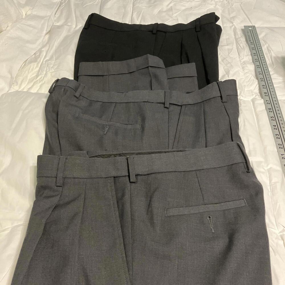 3 Pairs Of Men's Stafford Slacks, Classic Fit Size 34x30. 2 Dark Gray, 1 Black